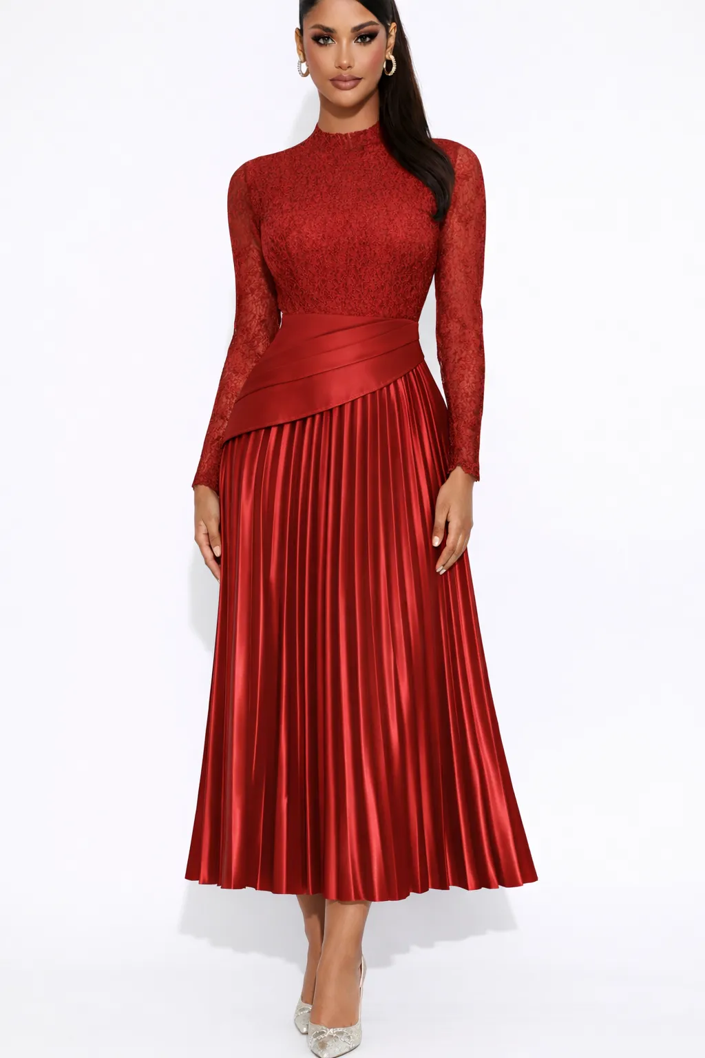 SCARLET LACE & PLEATED SATIN MAXI – MODERN ELEGANCE | MDU5794