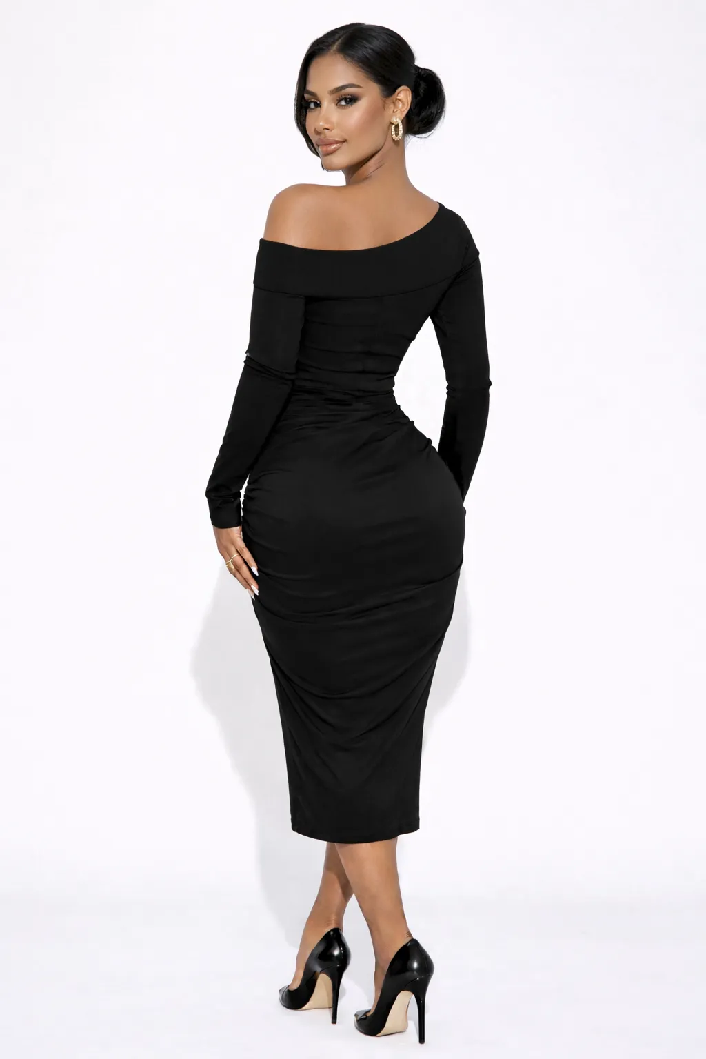 Alternative view of NOIR ASYMMETRICAL RUCHED BODYCON – SEDUCTIVE ELEGANCE | T134
