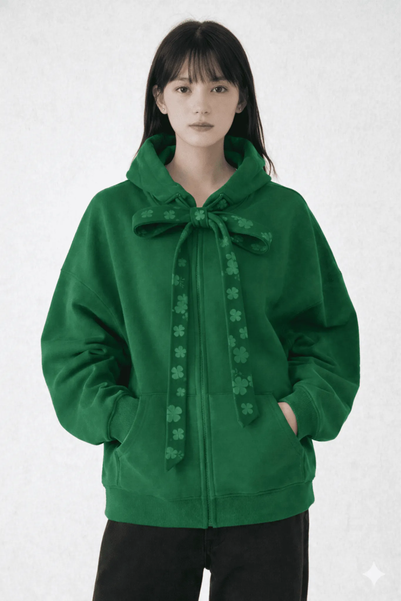 CLOVER BOW ZIP-UP HOODIE – COZY FESTIVE STREETWEAR | MDU407US