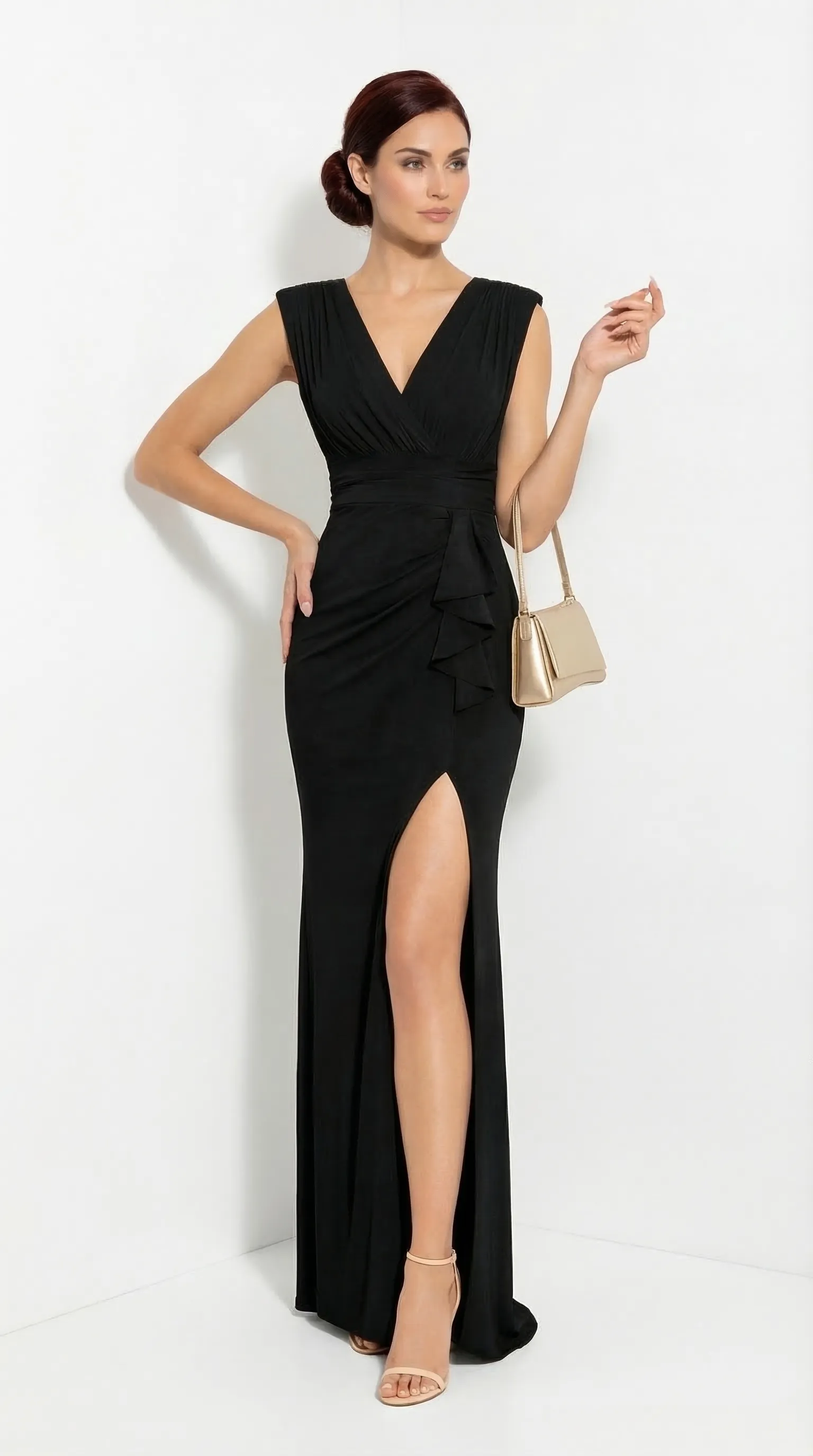 SOPHISTICATED NOIR SLIT GOWN – PREMIUM 4-WAY STRETCH LADONG | MUS475
