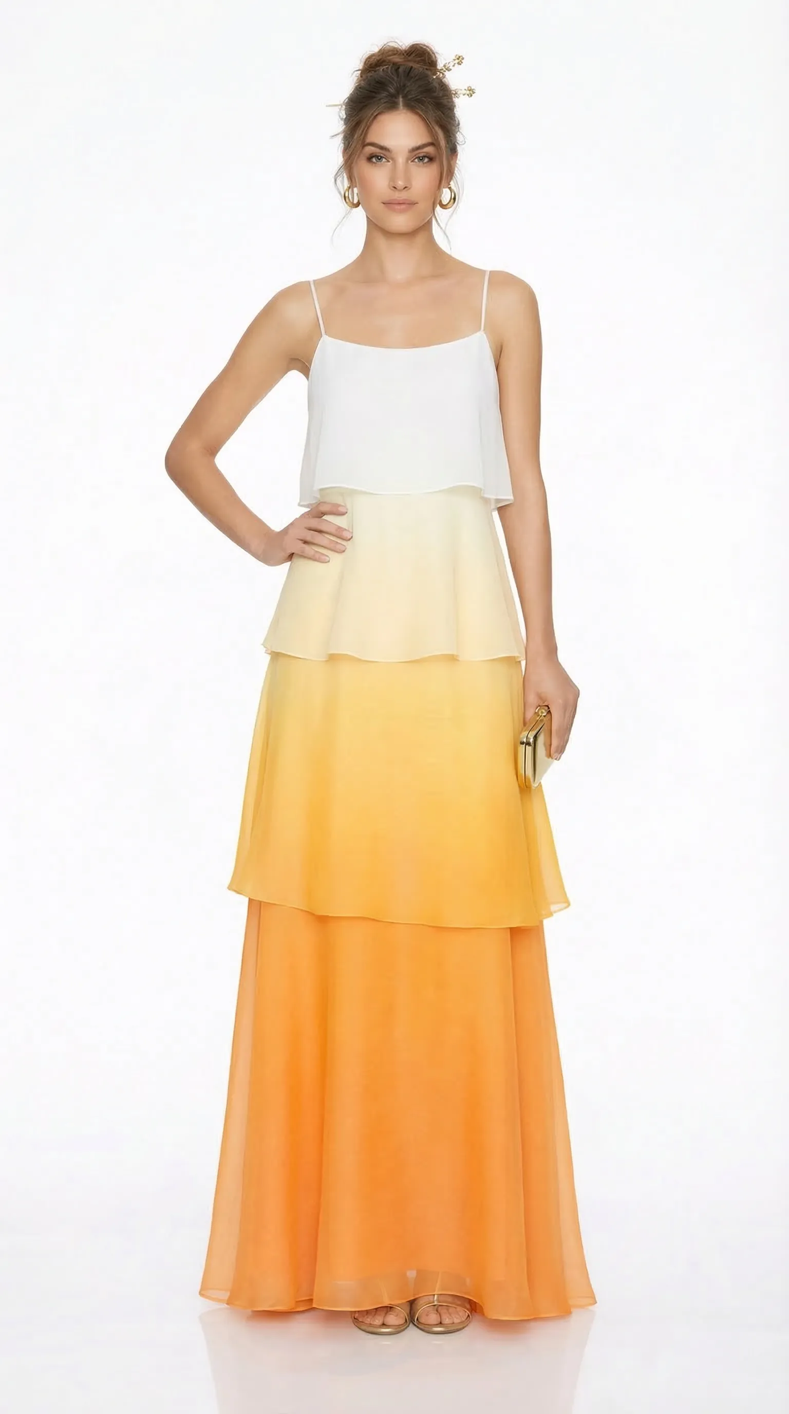 GOLDEN SUNSET TIERED GOWN – PREMIUM SILK & LAYERED TƠ | MUS494