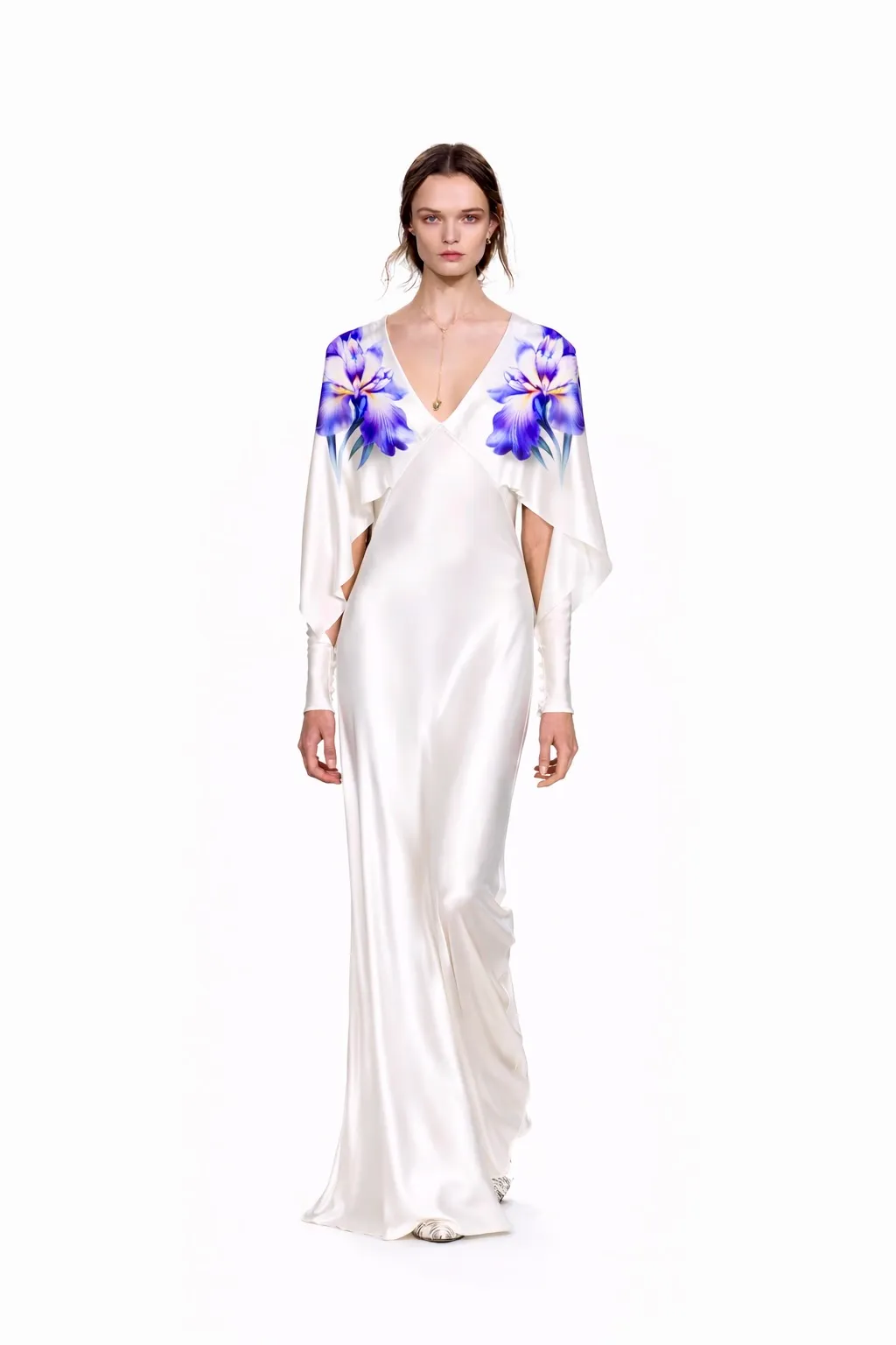 SCULPTED V-NECK SILK DRESS – PRINTED SILK WITH FLOWING SHOULDER PANEL | MUS542