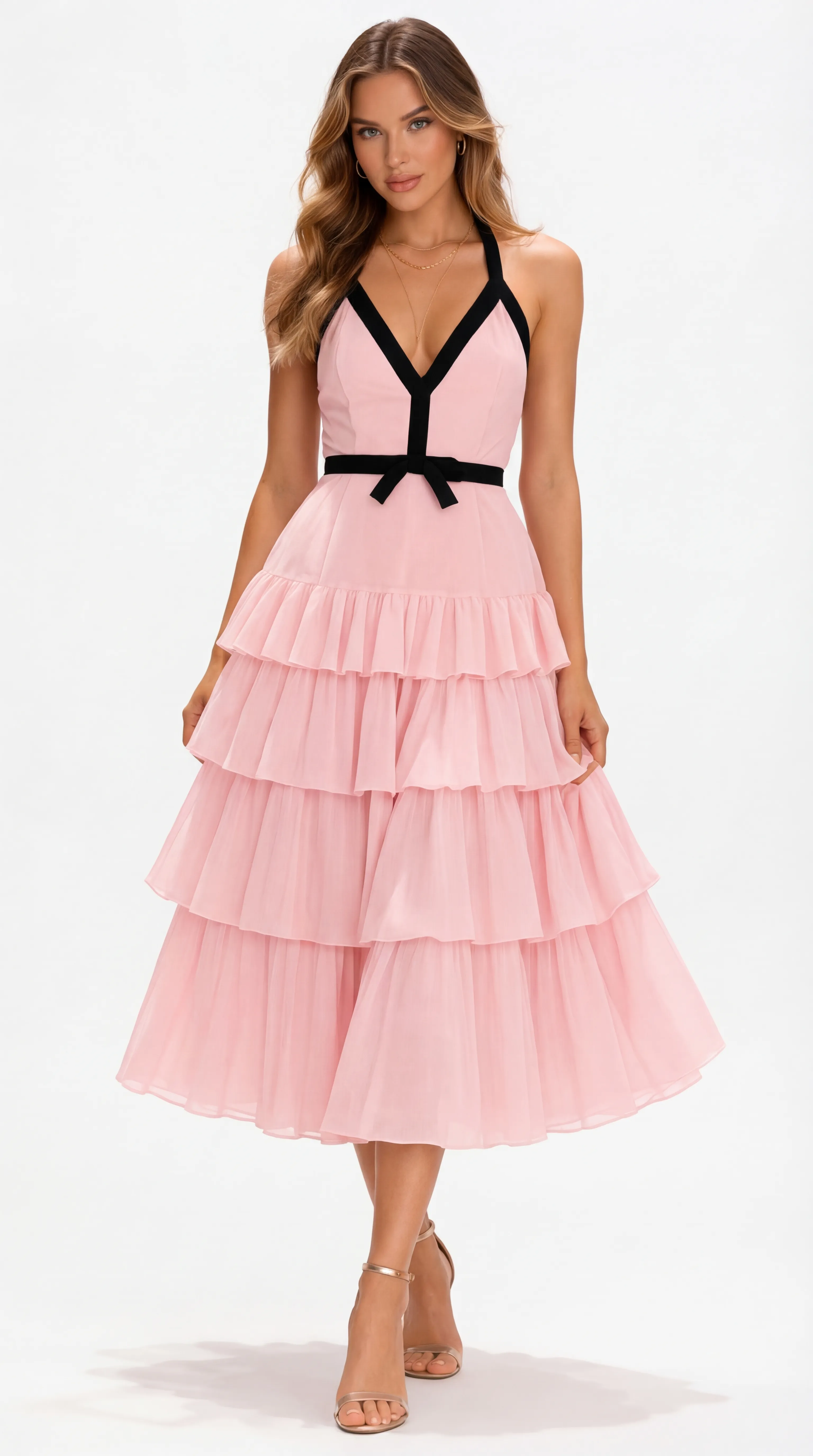 BLUSH TIERED HALTER MIDI – PREMIUM SILK TƠ | MUS577