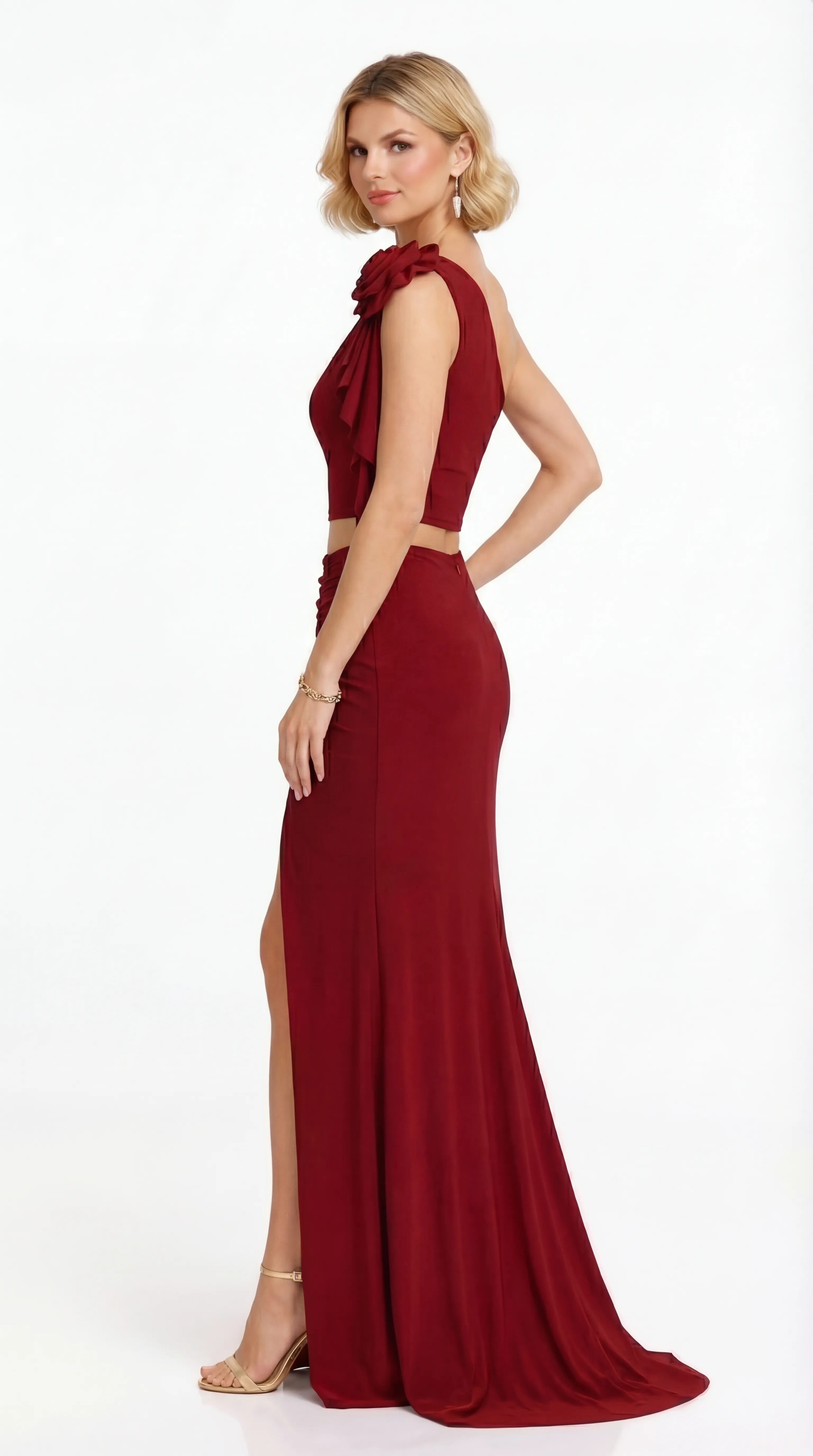 Alternative view of SCARLET ONE-SHOULDER BLOSSOM ENSEMBLE – PREMIUM SILK TƠ / LADONG | MUS584