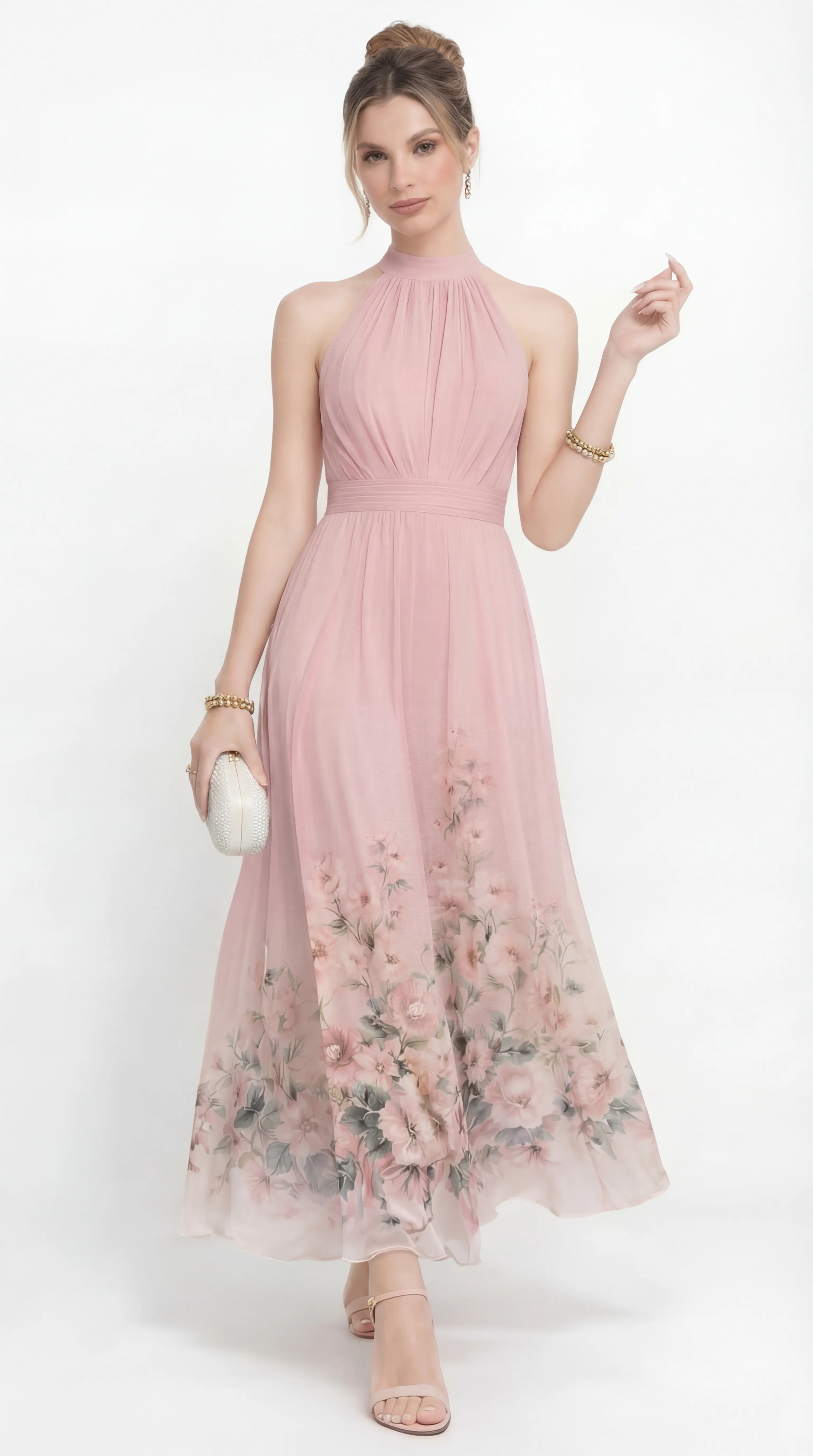 ELEGANT BLUSH FLORAL GOWN – PREMIUM PRINTED TƠ SILK | MUS466