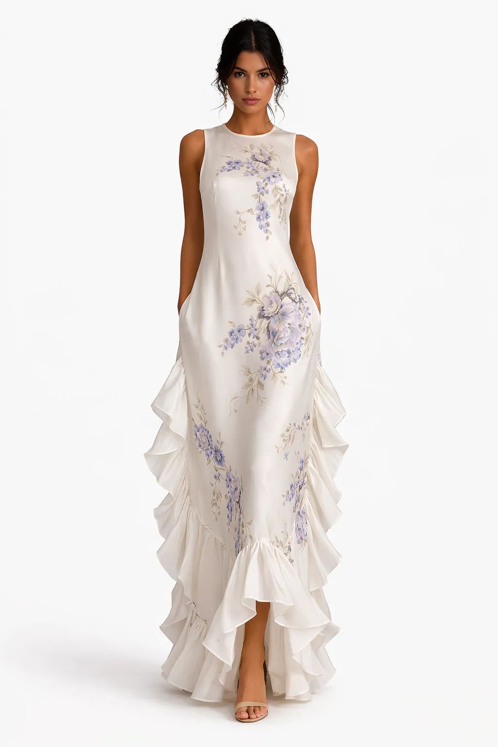 DRAPED CURVE SILK DRESS – PRINTED SILK WITH FLOWING PANELS | MUS537