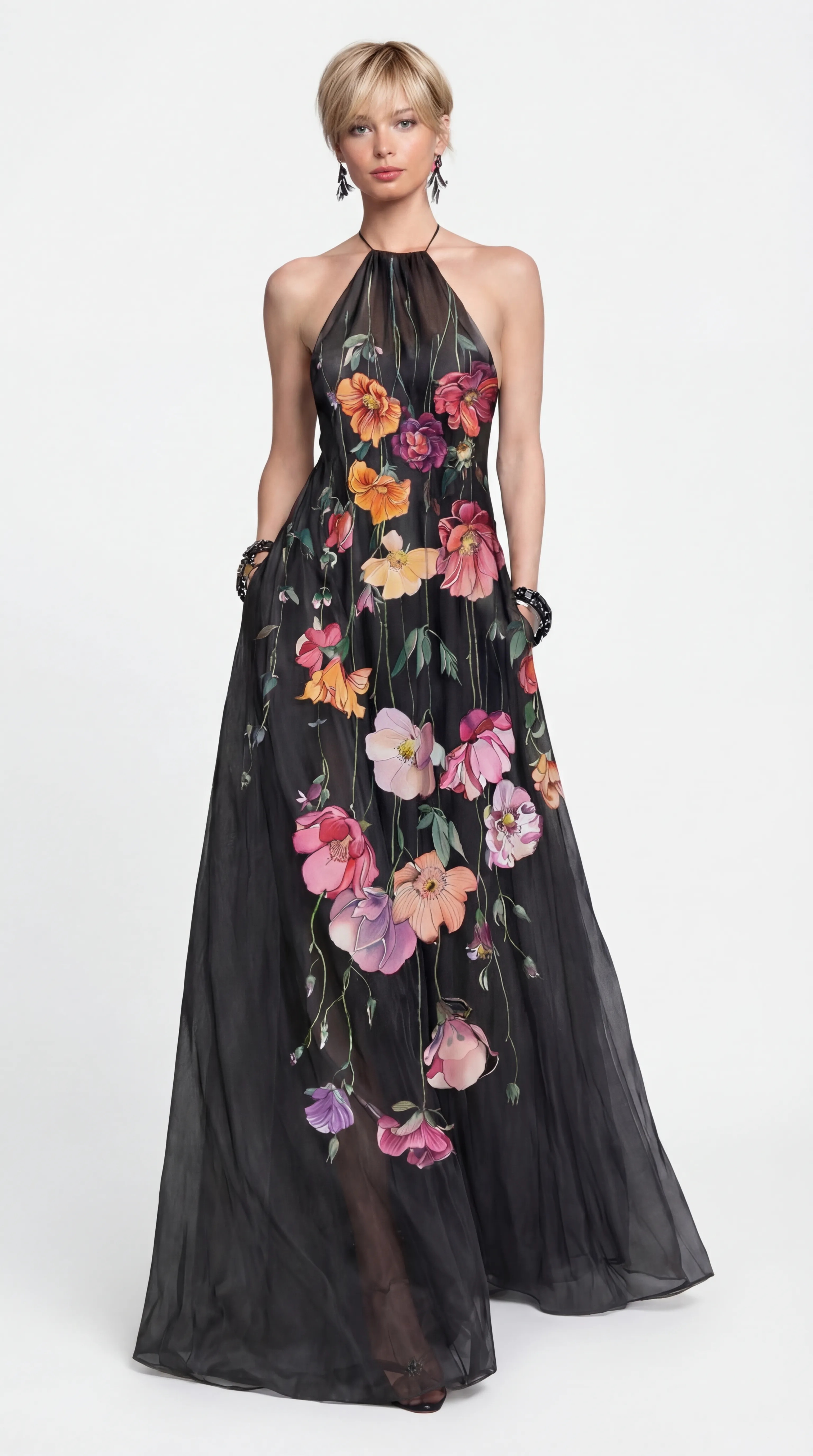 MIDNIGHT BLOSSOM HALTER GOWN – PREMIUM SILK TƠ | MUS540