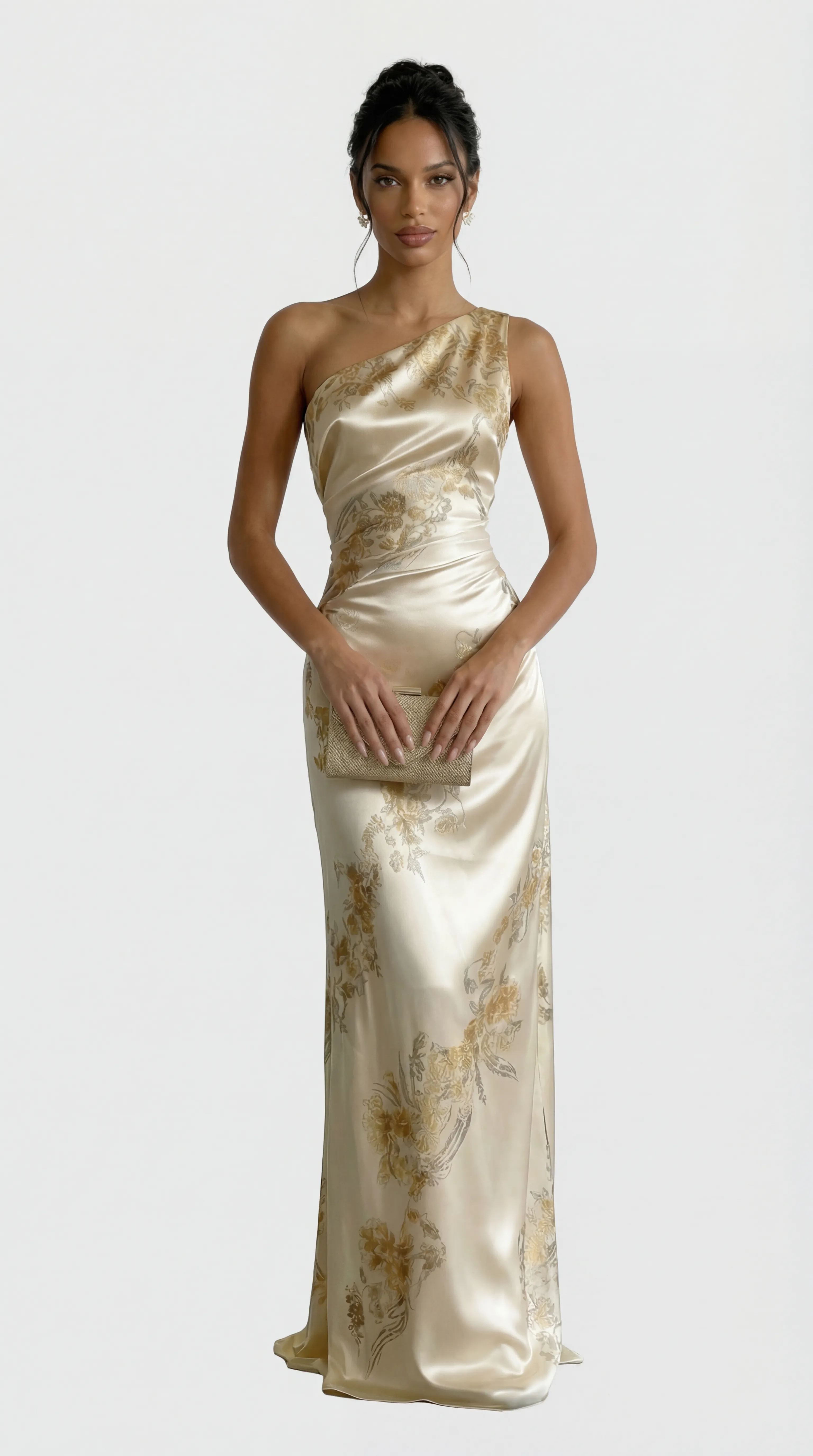 CHAMPAGNE GOLD ONE-SHOULDER GOWN – PREMIUM SILK | MUS550