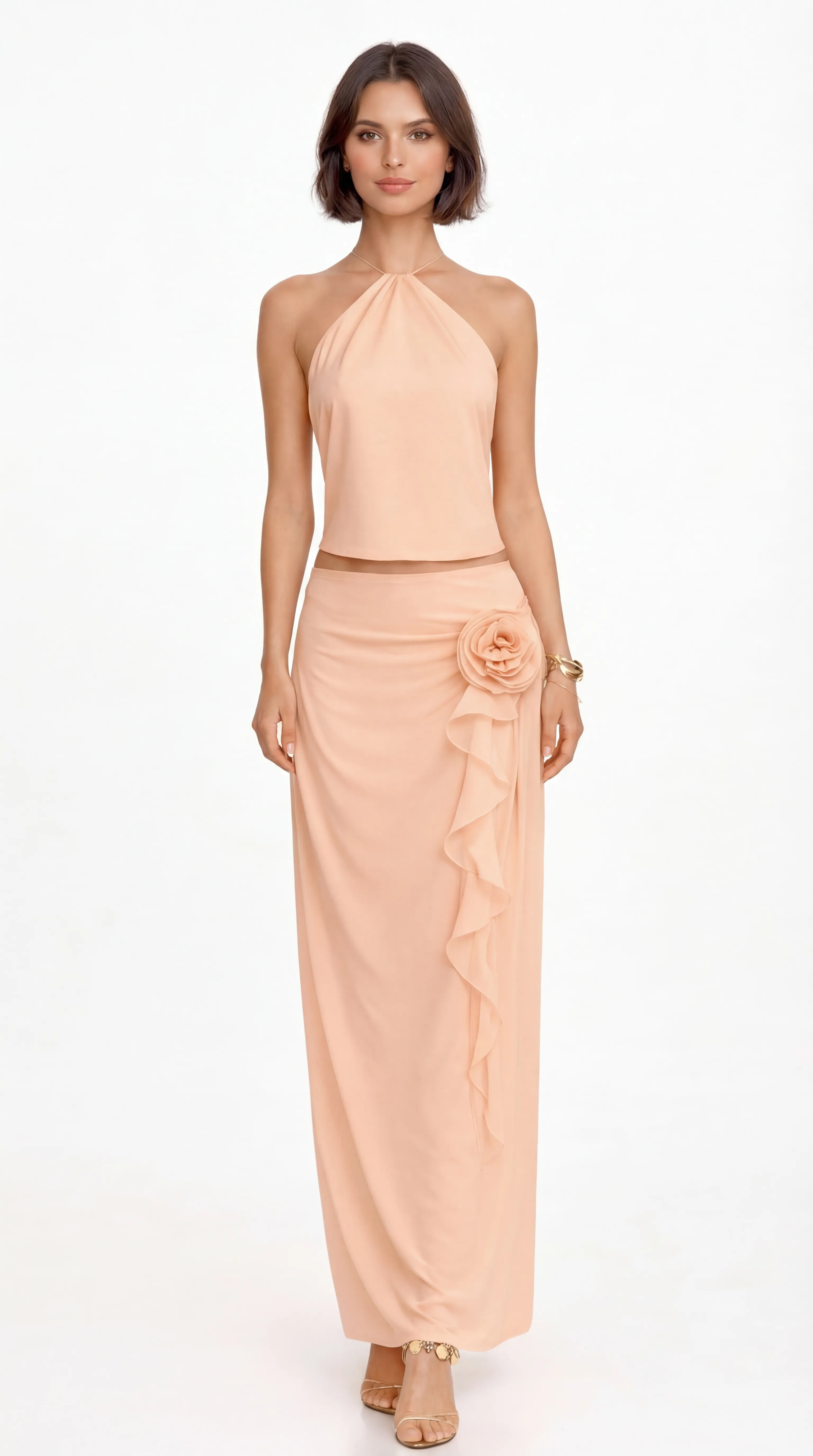 APRICOT SORBET HALTER ENSEMBLE – PREMIUM SILK TƠ | MUS583