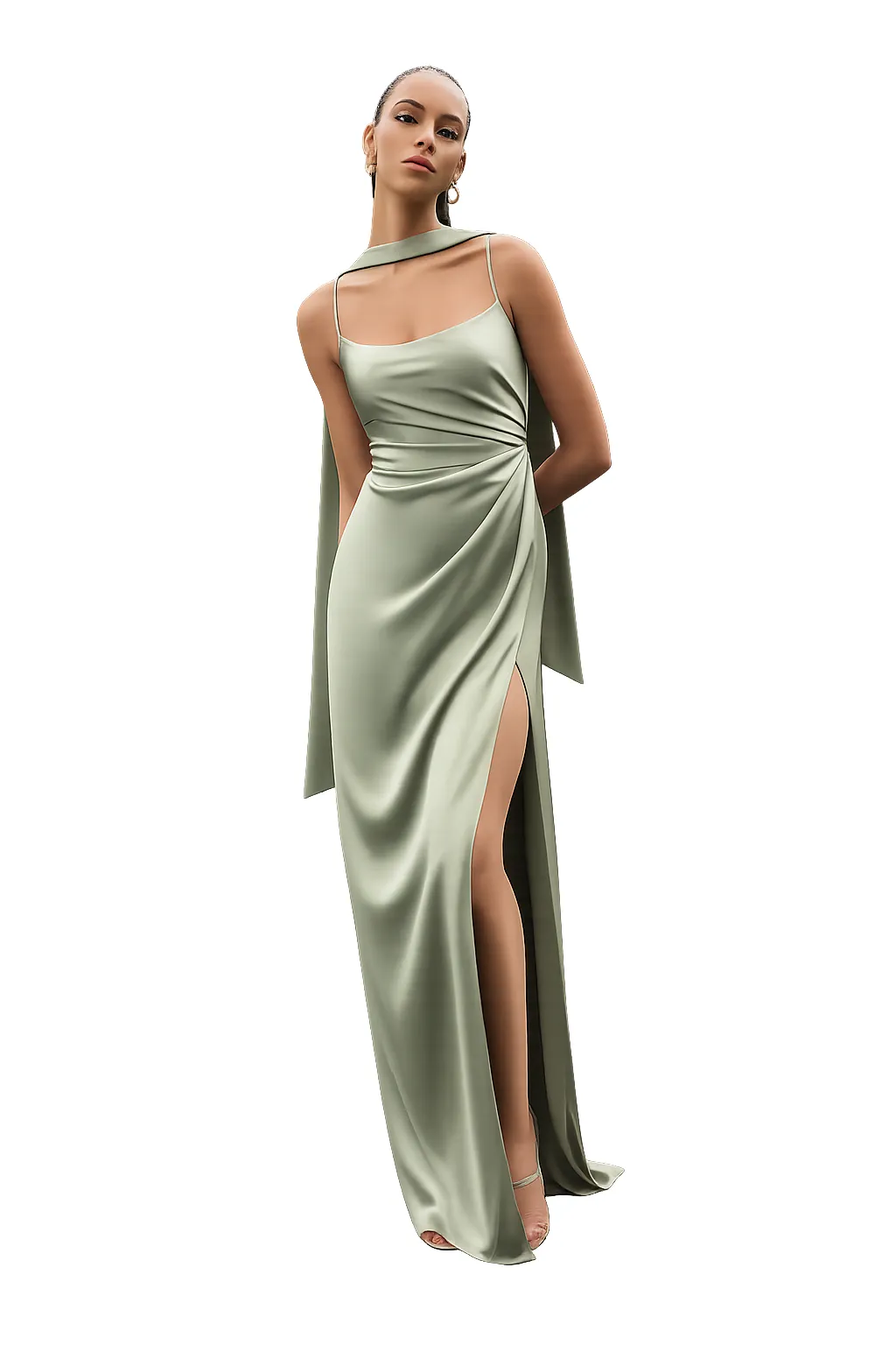 ADJUSTABLE STRAP SILK DRESS – LỤA WITH WAIST RUCHING & SCARF DETAIL | MUS770